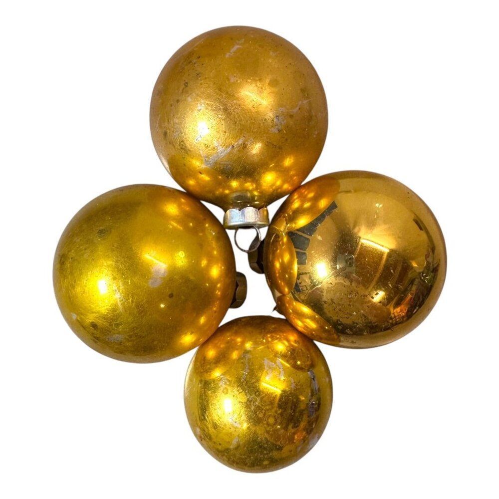 Vintage Gold Glass Christmas Ornaments Made USA Shiny Brite Set Of 4 Round SEE